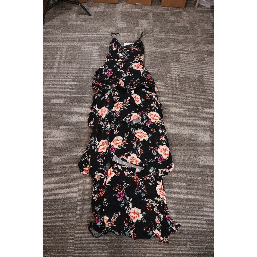 AFRM Noir Summer Garden‎ Floral Maxi Dress Black Tiered High Low NWT XS